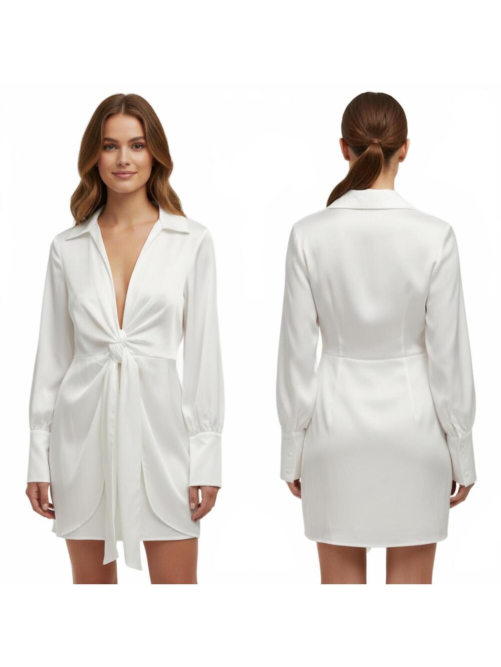 White Mini Dress Tie Front Long Sleeve Collared Shirt Dress